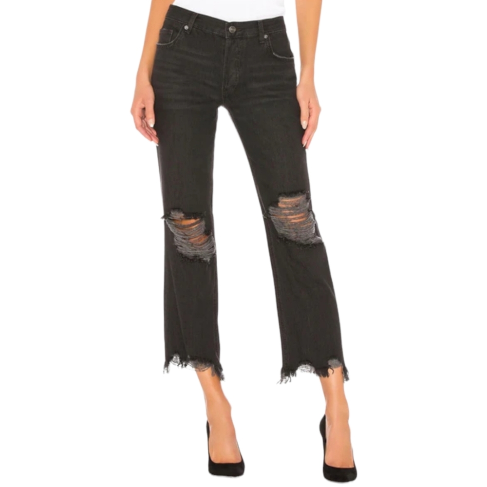 NWT Free People Maggie Mid Rise Straight Jeans Black Denim Size 27
